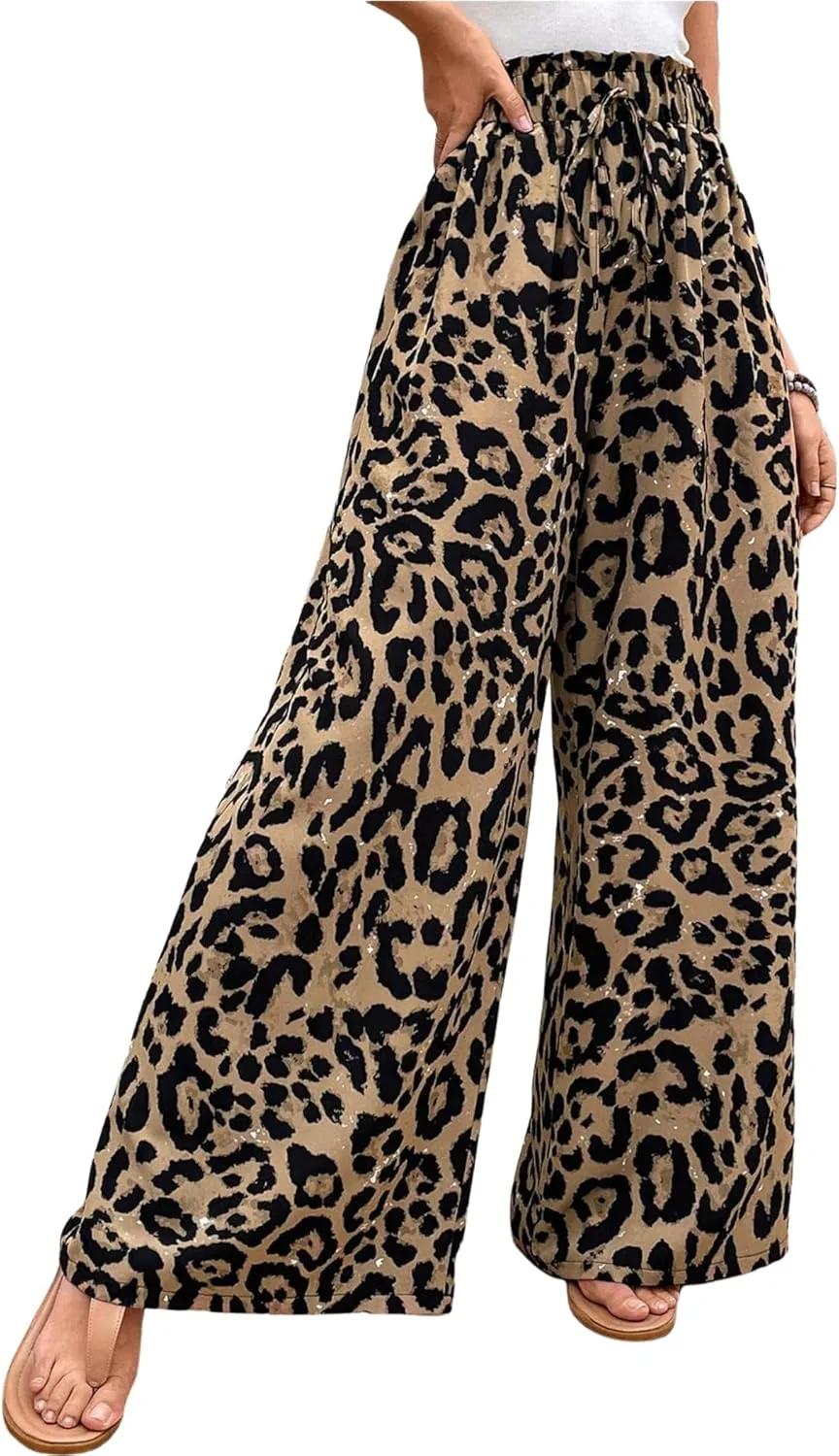 ZAFUL Women's Leopard Print Sweatpants Paperbag High Waist Baggy Wide Leg Drawstring Pants Long Trousers