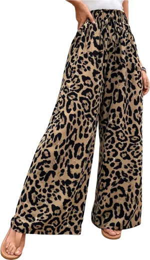 ZAFUL Women's Leopard Print Sweatpants Paperbag High Waist Baggy Wide Leg Drawstring Pants Long Trousers