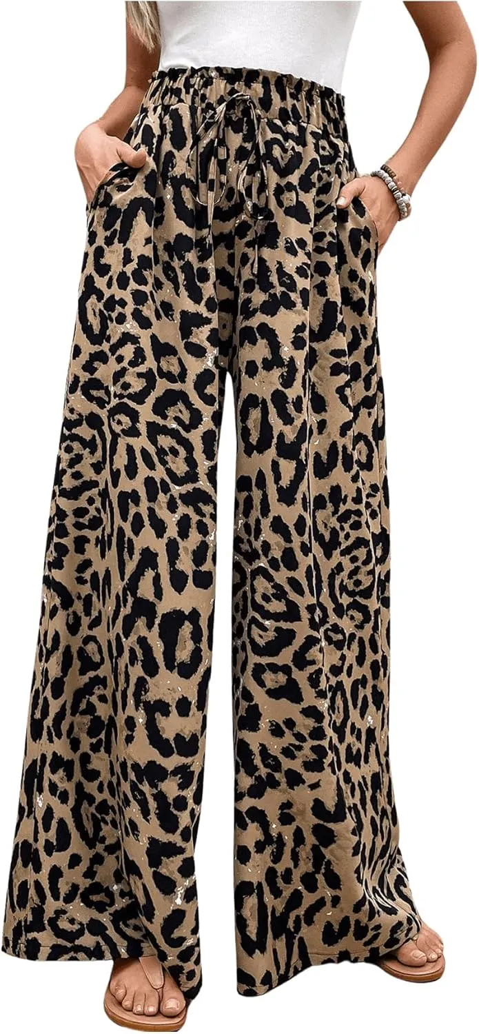 ZAFUL Women's Leopard Print Sweatpants Paperbag High Waist Baggy Wide Leg Drawstring Pants Long Trousers