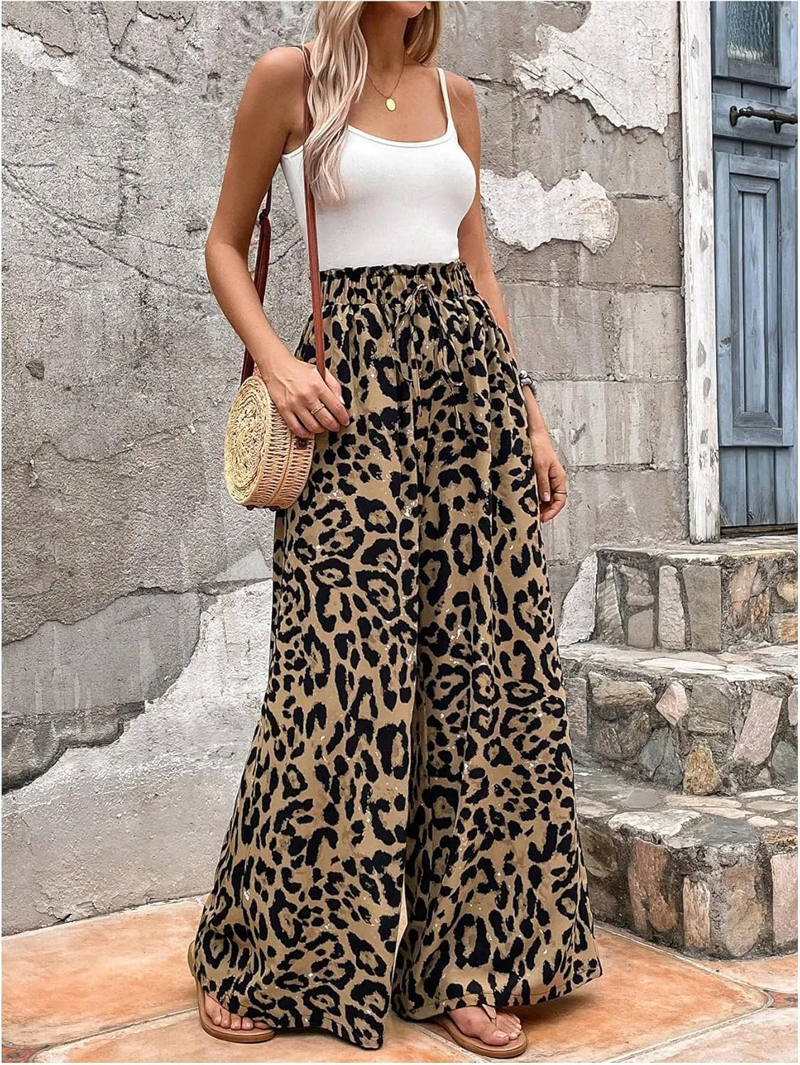 ZAFUL Women's Leopard Print Sweatpants Paperbag High Waist Baggy Wide Leg Drawstring Pants Long Trousers