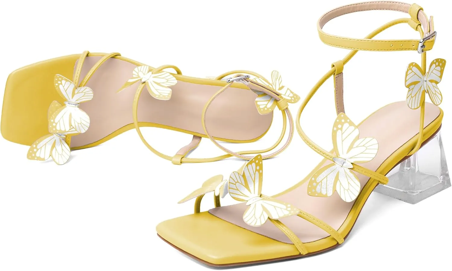 Zamikoo Women's Heeled Sandals Square Open Toe Ankle Strap Block Heels Strappy Clear Heels Chunky Low Heels