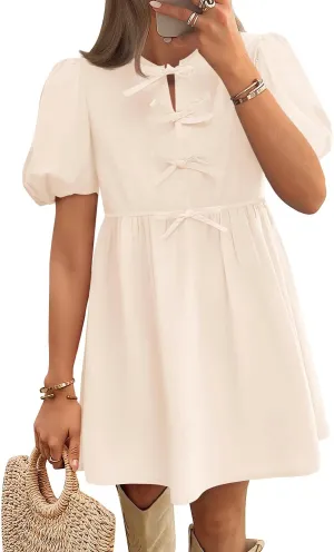 ZESICA Women's Summer Short Sleeve Tie Front Mini Dress Cute Babydoll Ruffle Pleated A Line Tunic Dresses