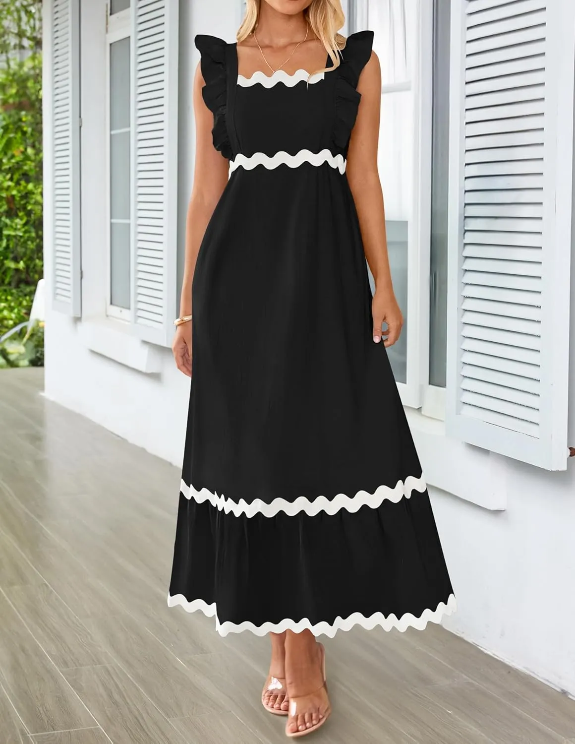 ZESICA Women's Summer Sleeveless Ruffle Dresses Square Neck Backless Boho Flowy Maxi Sundress with Pockets