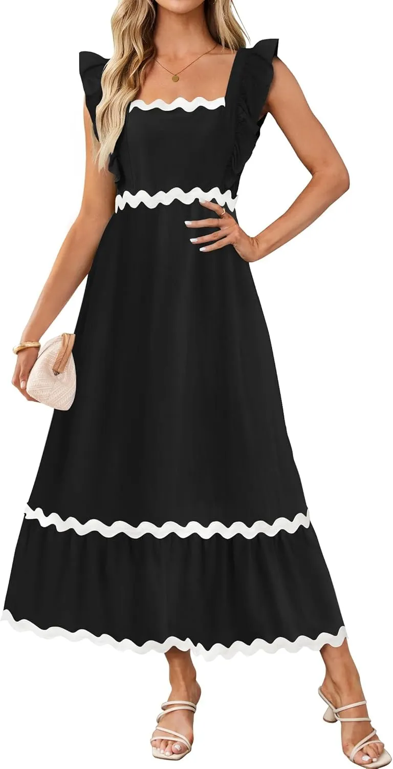ZESICA Women's Summer Sleeveless Ruffle Dresses Square Neck Backless Boho Flowy Maxi Sundress with Pockets