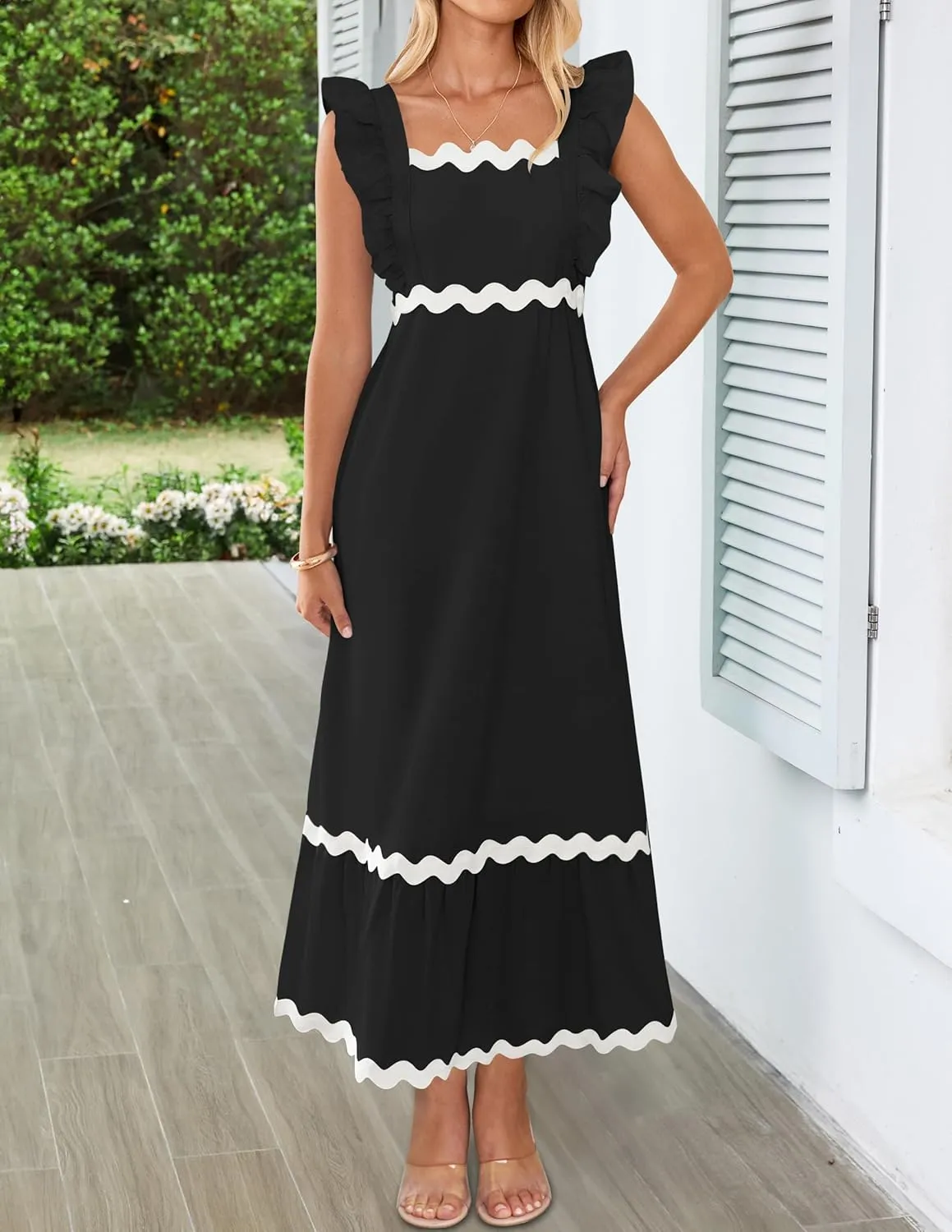 ZESICA Women's Summer Sleeveless Ruffle Dresses Square Neck Backless Boho Flowy Maxi Sundress with Pockets