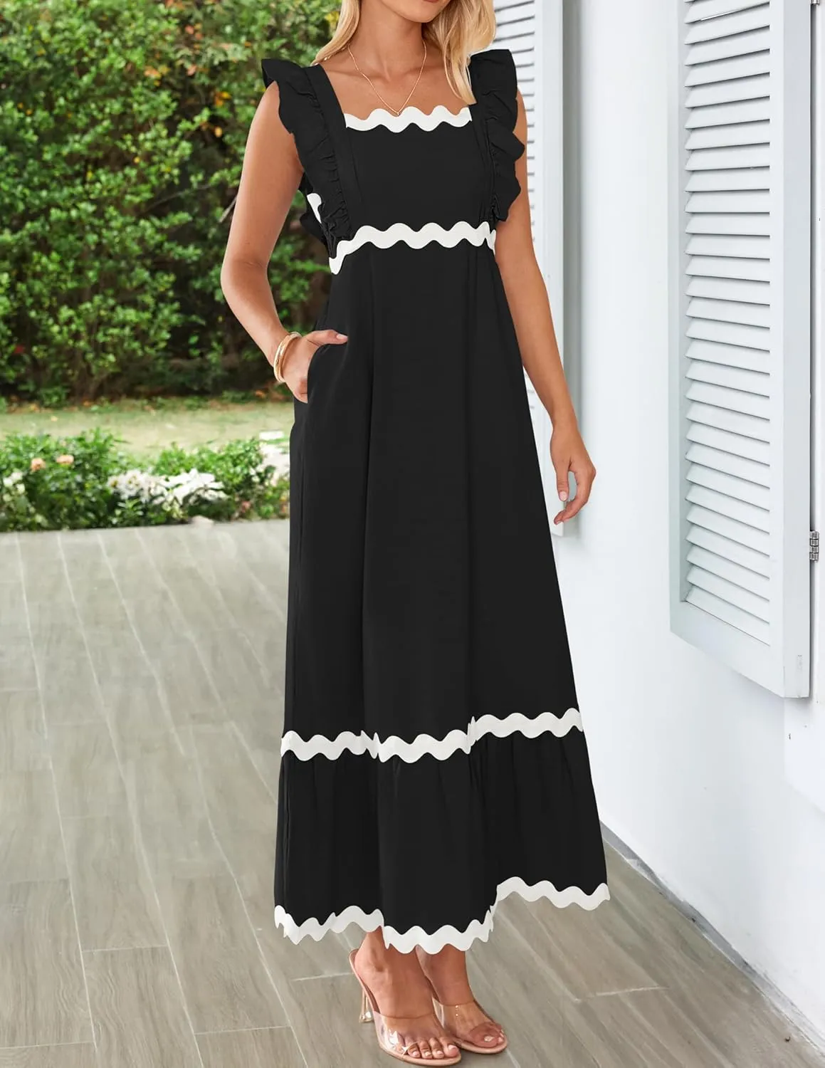 ZESICA Women's Summer Sleeveless Ruffle Dresses Square Neck Backless Boho Flowy Maxi Sundress with Pockets