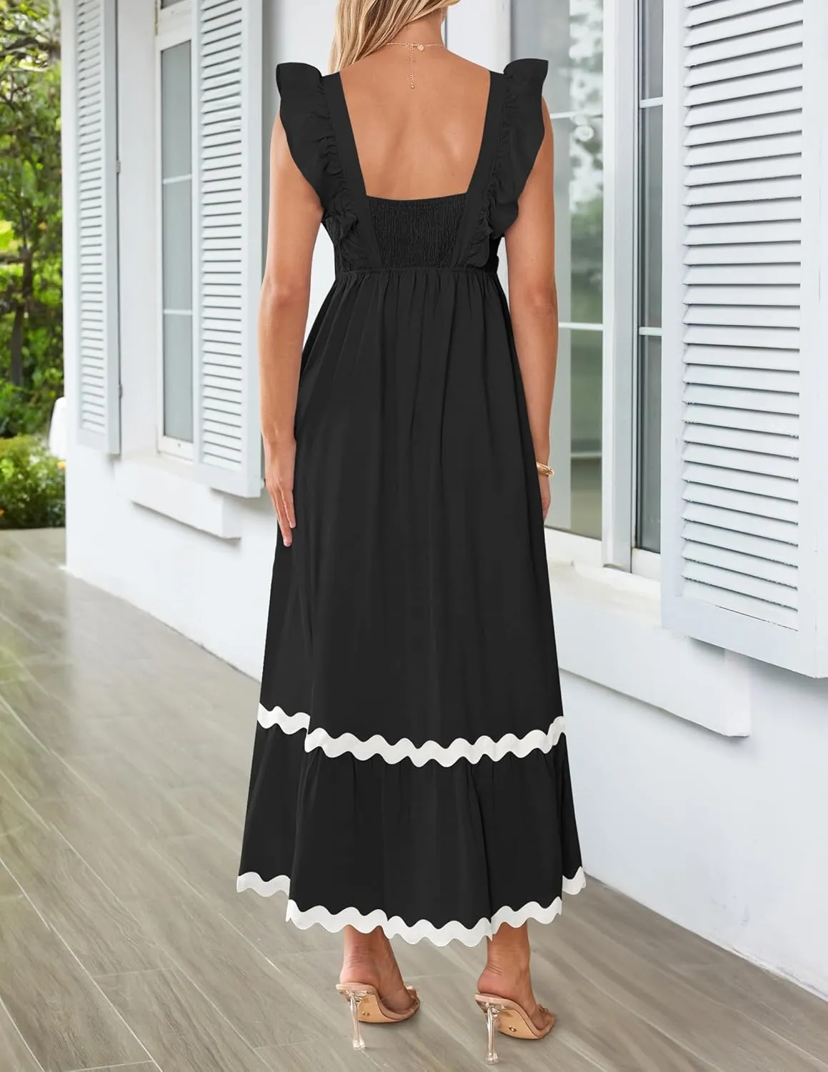 ZESICA Women's Summer Sleeveless Ruffle Dresses Square Neck Backless Boho Flowy Maxi Sundress with Pockets