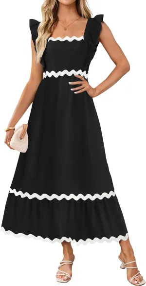 ZESICA Women's Summer Sleeveless Ruffle Dresses Square Neck Backless Boho Flowy Maxi Sundress with Pockets