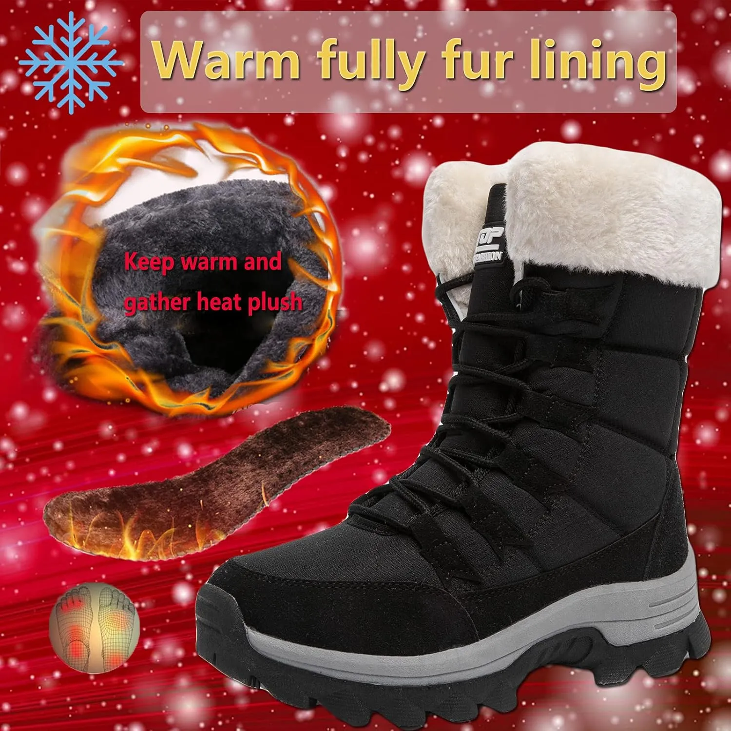 ziitop Womens Winter Snow Boots Waterproof Fur Lined Warm Winter Boots for Women Lace up Mid Calf Outdoor Anti-Slip Shoes for Walking