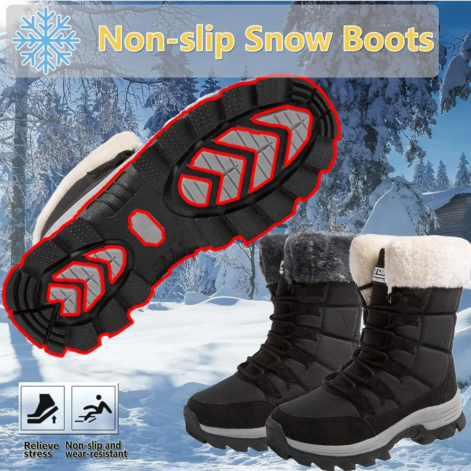 ziitop Womens Winter Snow Boots Waterproof Fur Lined Warm Winter Boots for Women Lace up Mid Calf Outdoor Anti-Slip Shoes for Walking
