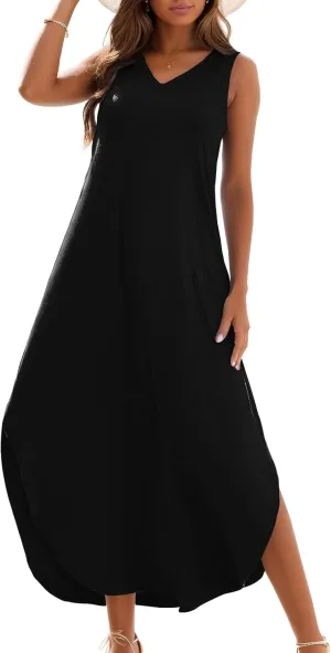 Zilcremo Women's Summer Casual Loose Sundress Long Dress Sleeveless V Neck Split Tshirt Maxi Dresses