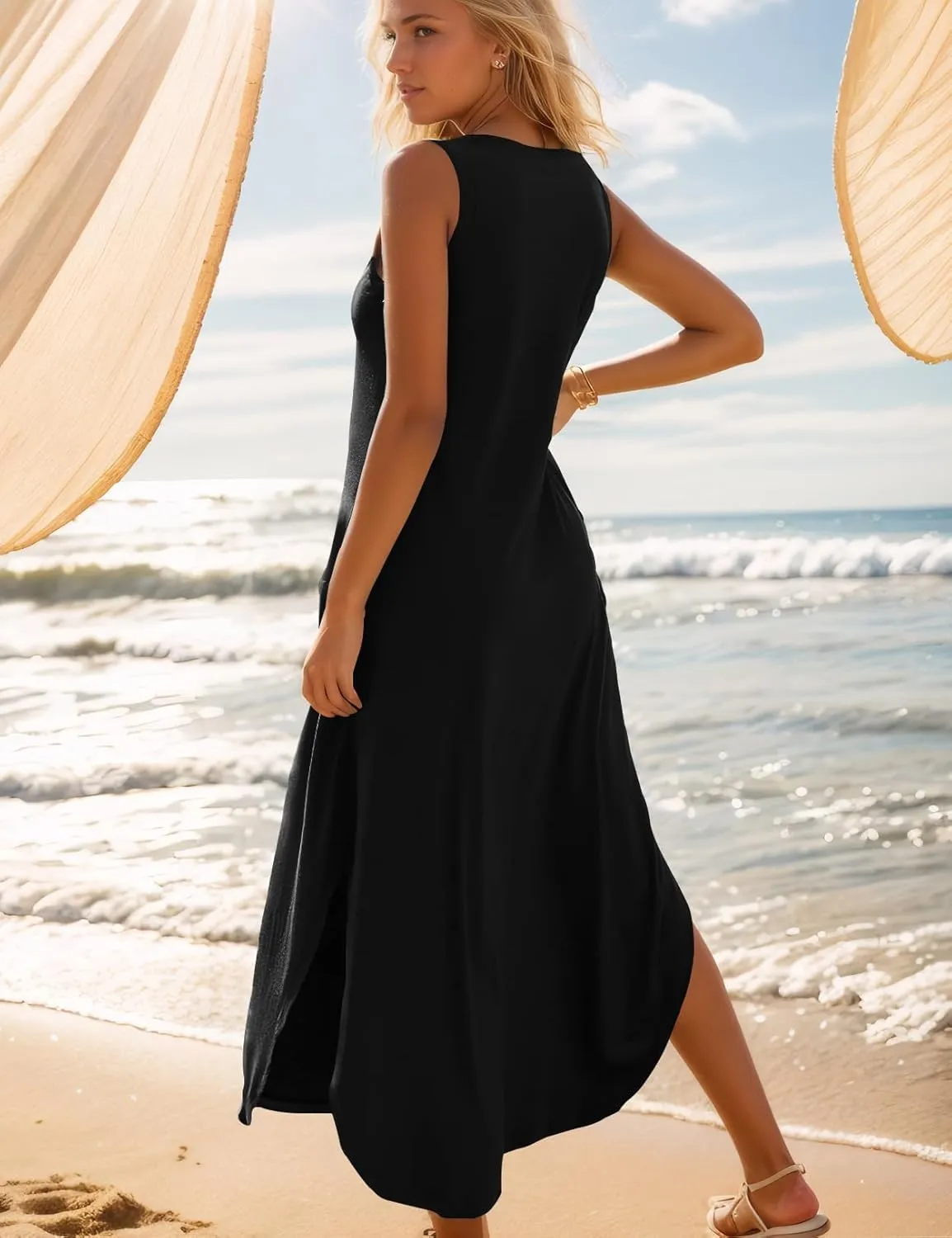 Zilcremo Women's Summer Casual Loose Sundress Long Dress Sleeveless V Neck Split Tshirt Maxi Dresses