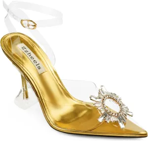 Zzheels Women's High Heel Crystal Slingback Pumps Pointed Toe Strappy Sandals for Party Dating
