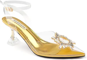 Zzheels Women's High Heel Crystal Slingback Pumps Pointed Toe Strappy Sandals for Party Dating