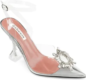 Zzheels Women's High Heel Crystal Slingback Pumps Pointed Toe Strappy Sandals for Party Dating